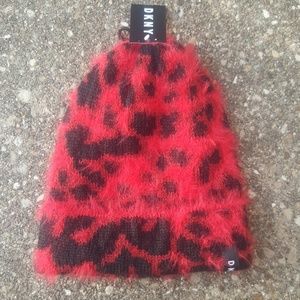 DKNY Red Black Animal Print Beanie Hat NWT